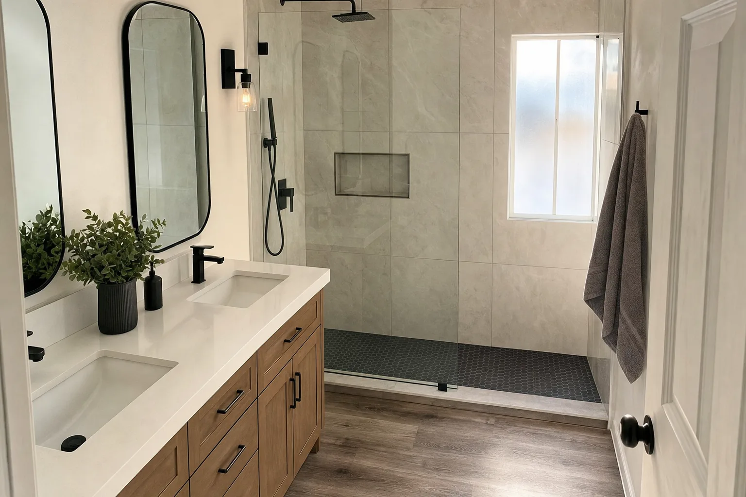 Bathroom remodel in Murrieta, CA: walk-in tile shower and new double vanity