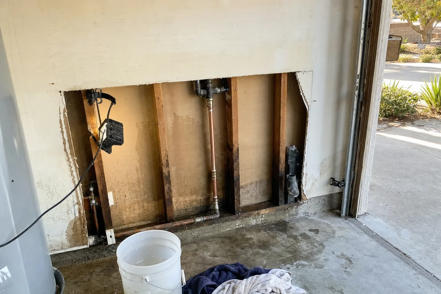 Burst pipe repair in Murrieta, CA: new copper section in an opened garage wall