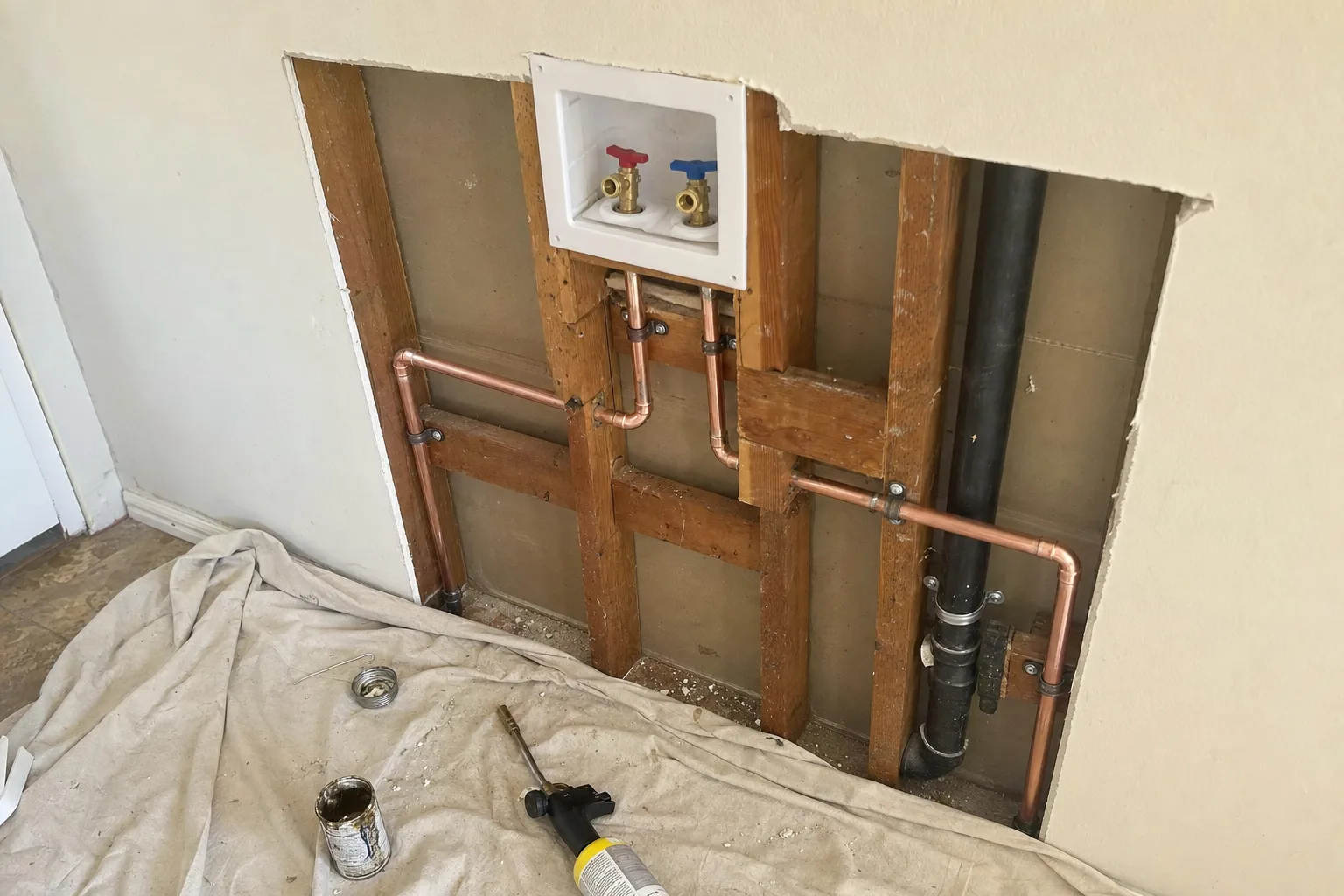 Copper repipe in Murrieta, CA: new soldered copper lines in a laundry room wall