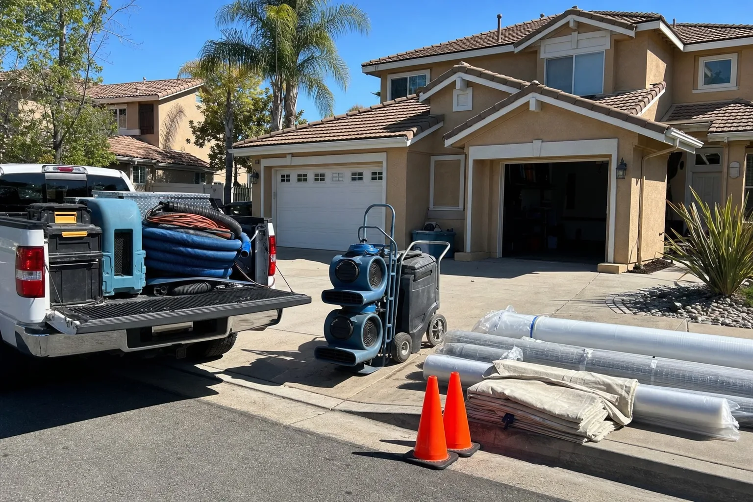 Plumbing and restoration contractor in Murrieta, CA: equipment ready at a customer home