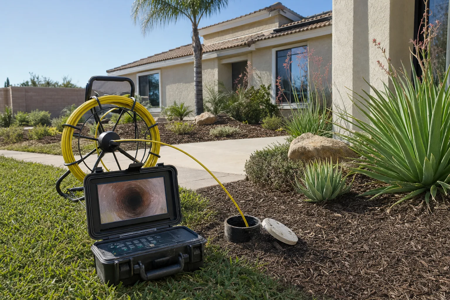 Sewer camera inspection at a Murrieta, CA home: camera reel at the front yard cleanout