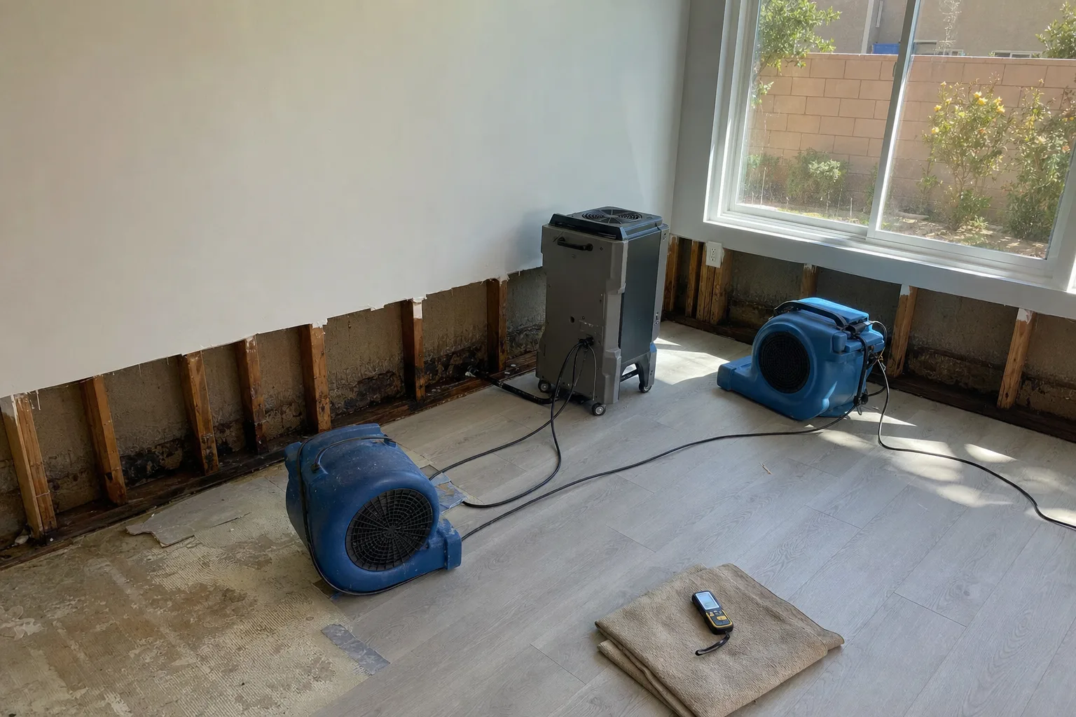 Water damage restoration in Murrieta, CA: drywall cut out and air movers drying the walls