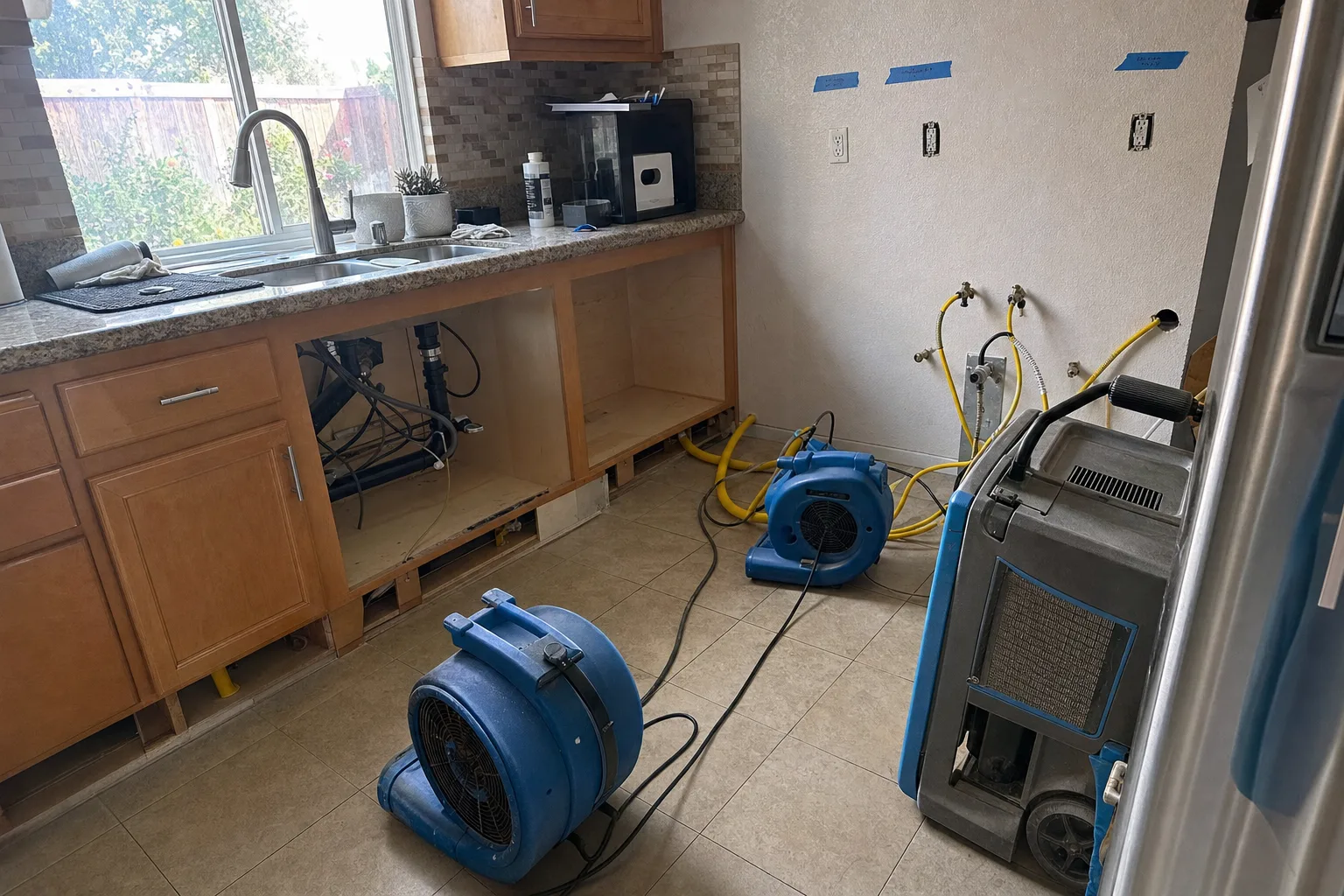 Water mitigation in Temecula, CA: structural drying equipment in a kitchen