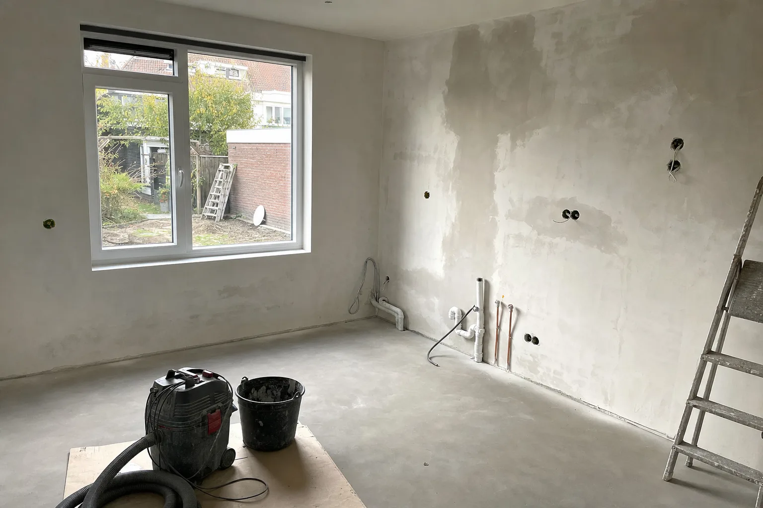 Keuken in een Tilburgse woning tijdens de renovatie: nieuwe leidingen en elektra, nog voor de plaatsing