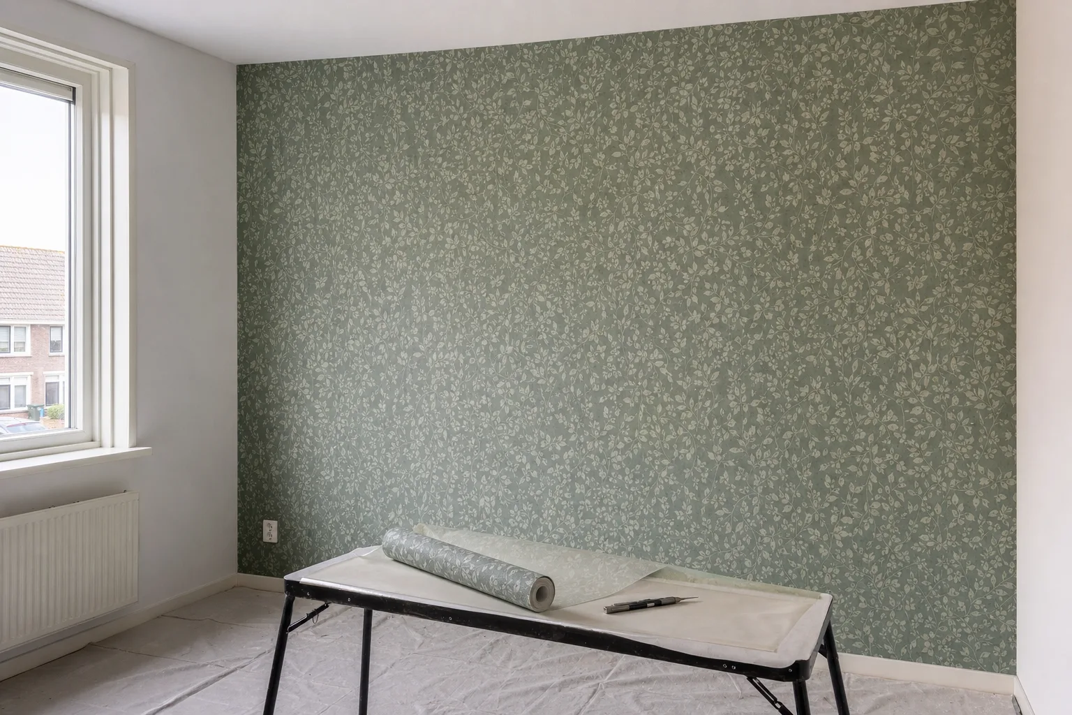 Accentwand met doorlopend patroonbehang in een slaapkamer