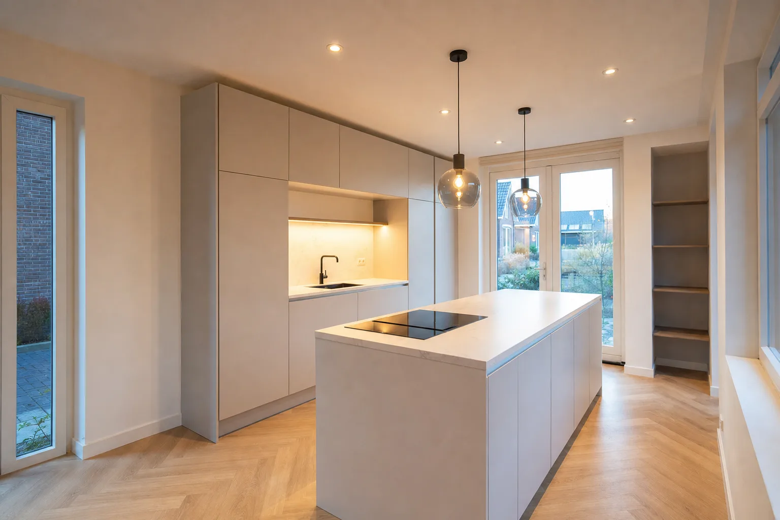 Keuken met nieuwe ingebouwde ledspots en verlichting boven het kookeiland