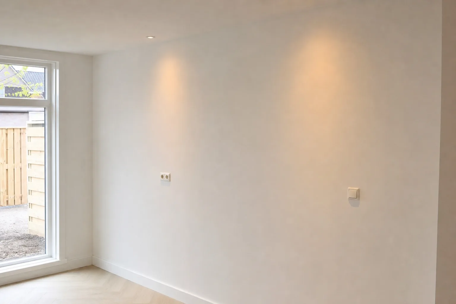 Nieuwe stopcontacten en schakelaar in een strak geschilderde wand