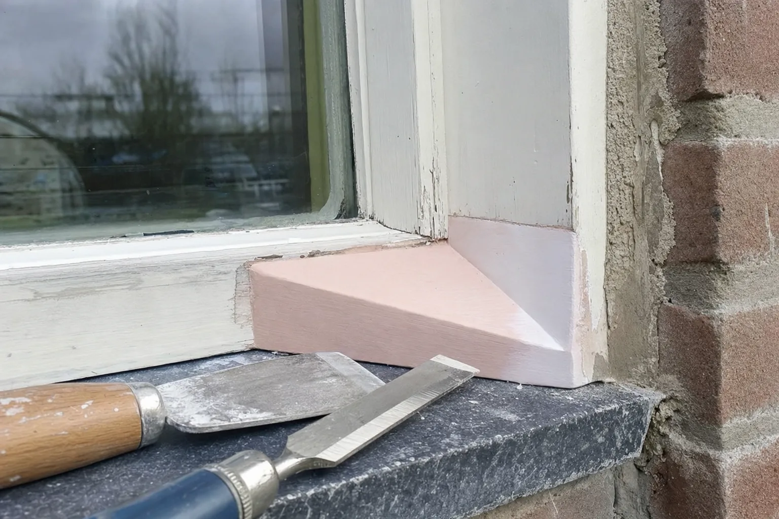 Houtrotherstel aan een buitenkozijn voor het schilderwerk