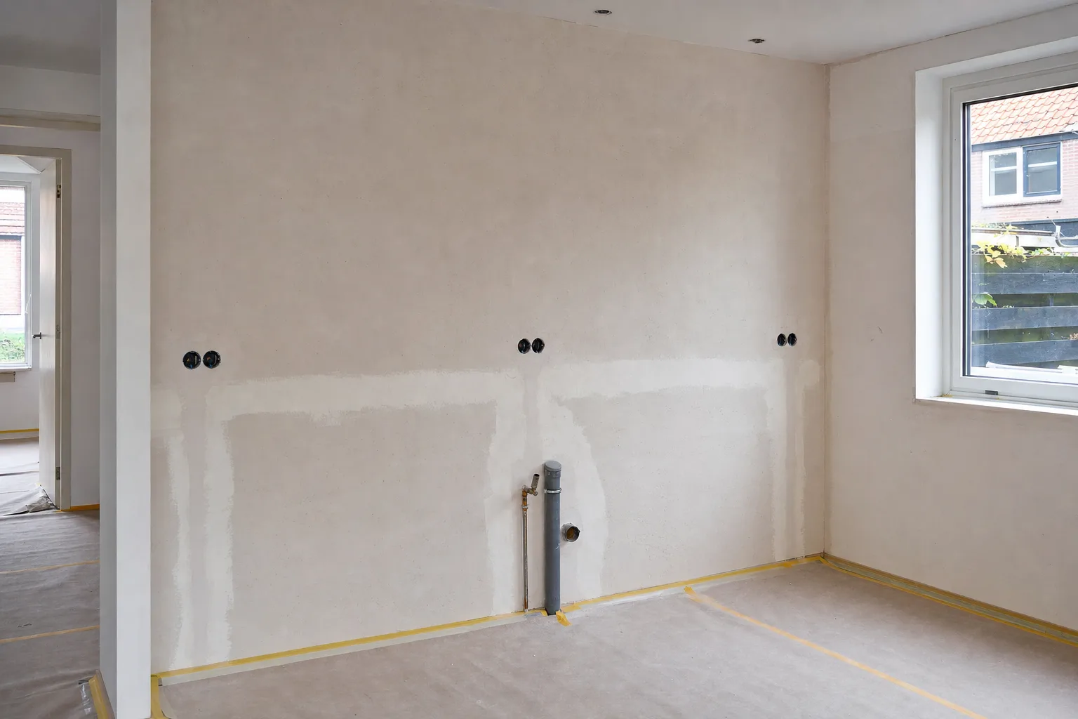 Keukenruimte klaar voor de nieuwe keuken, met nieuw leidingwerk
