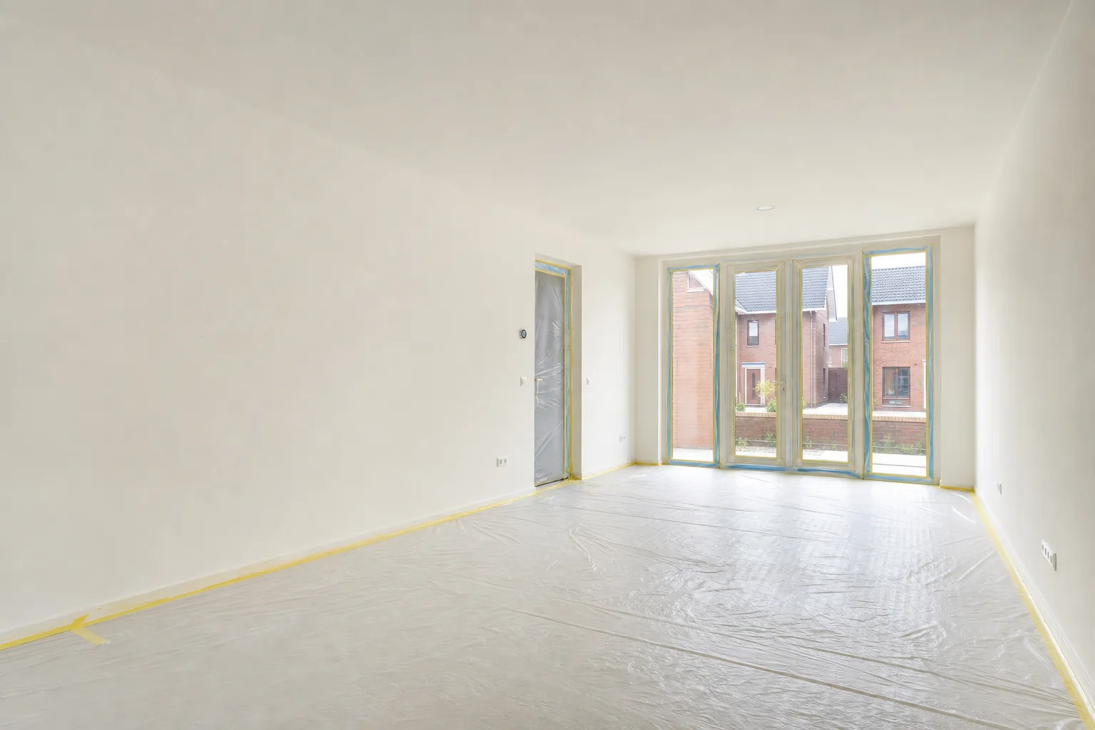 Net gespoten woonkamer in een nieuwbouwwoning, kozijnen nog afgeplakt