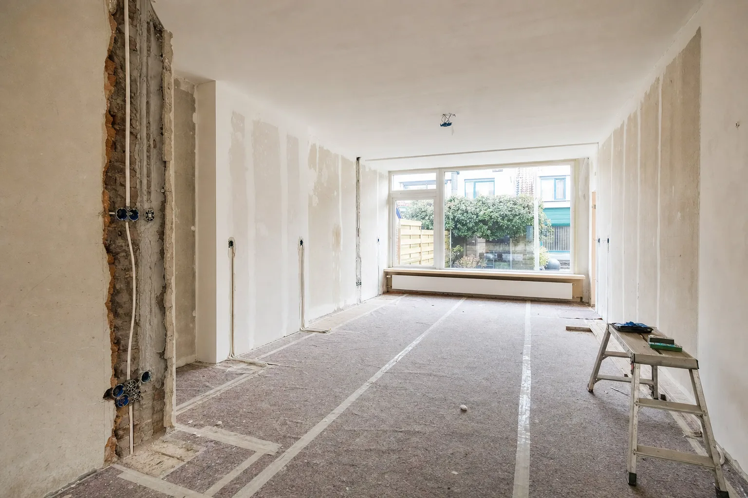 Woning tijdens een totaalrenovatie met nieuwe leidingen en stucwerk
