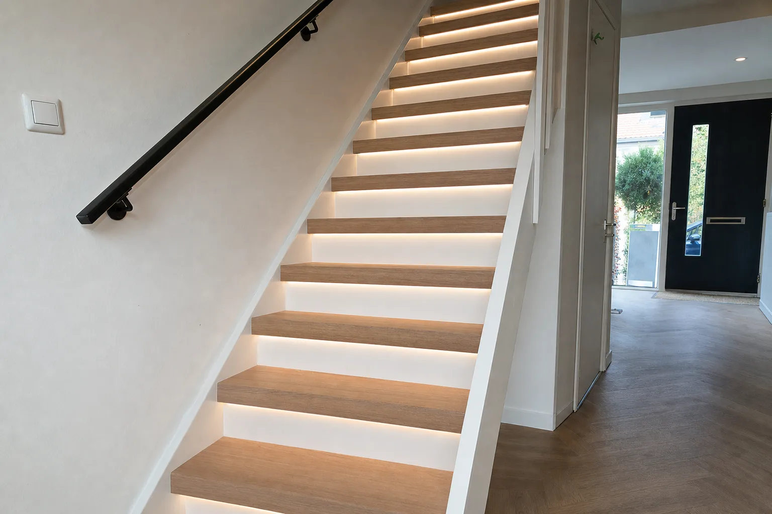 Gerenoveerde trap met eiken treden, witte stootborden en ledverlichting