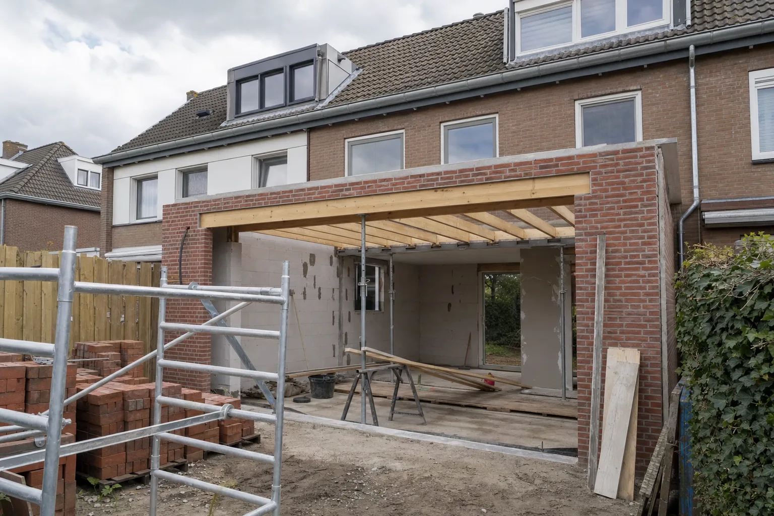 Uitbouw in ruwbouw achter een rijtjeswoning