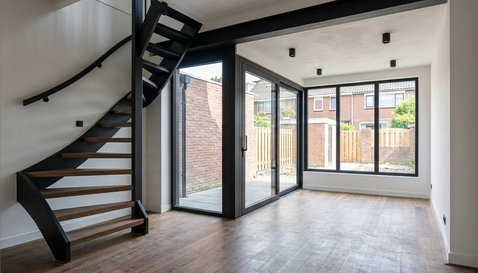 Ruime aanbouw van binnen met open trap en grote glazen pui naar de tuin