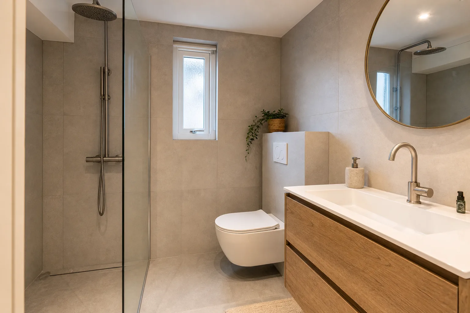 Gerenoveerde badkamer met inloopdouche en wastafelmeubel