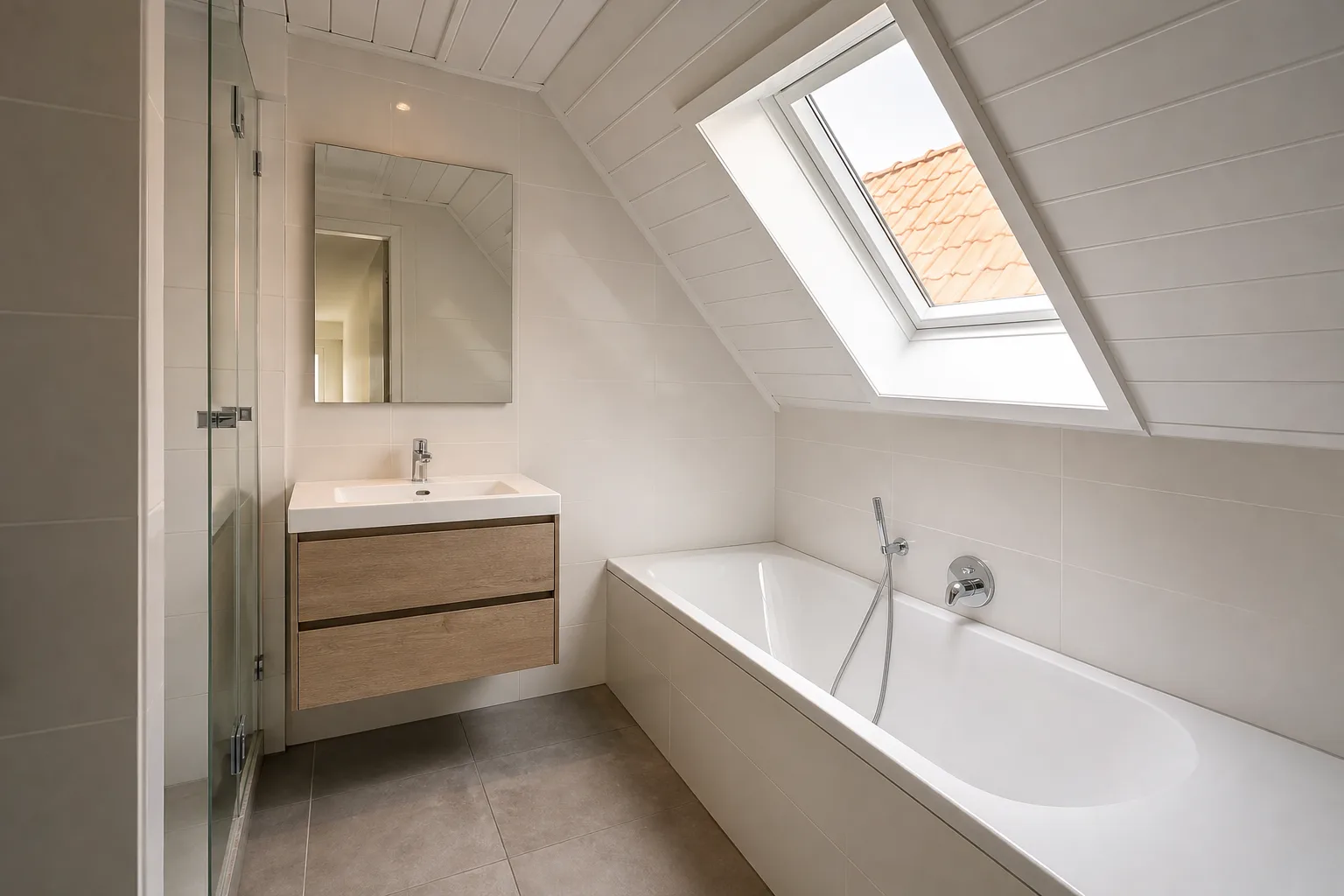 Badkamer op zolder onder een schuin dak