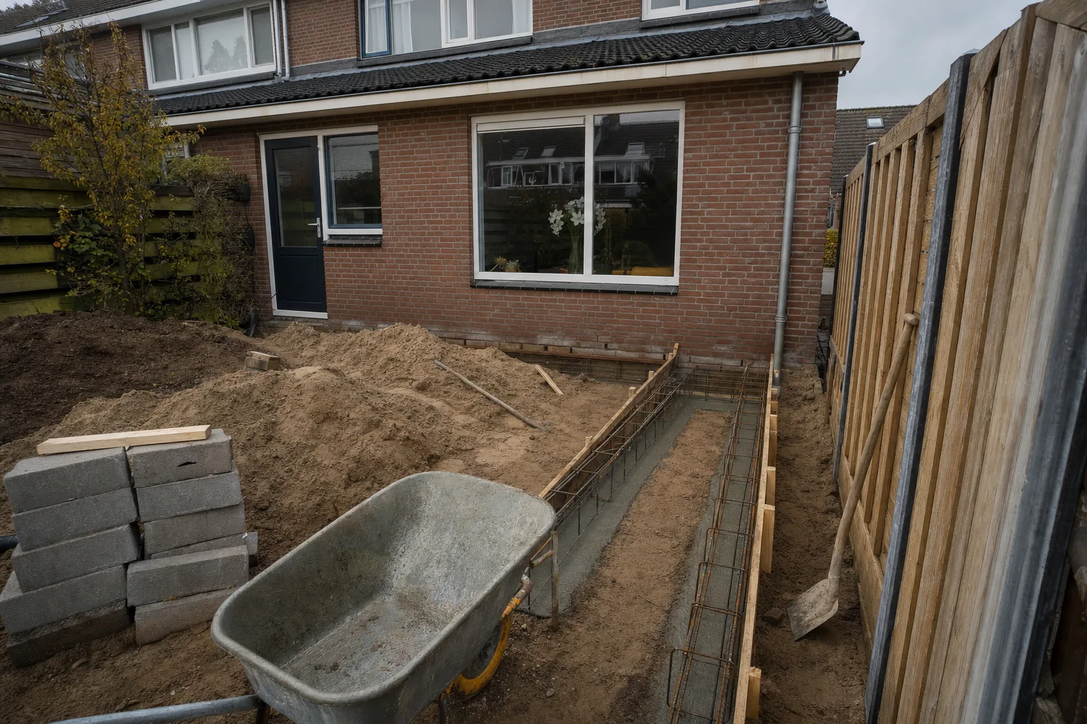 Bouwput in een tuin waarin de fundering zichtbaar is