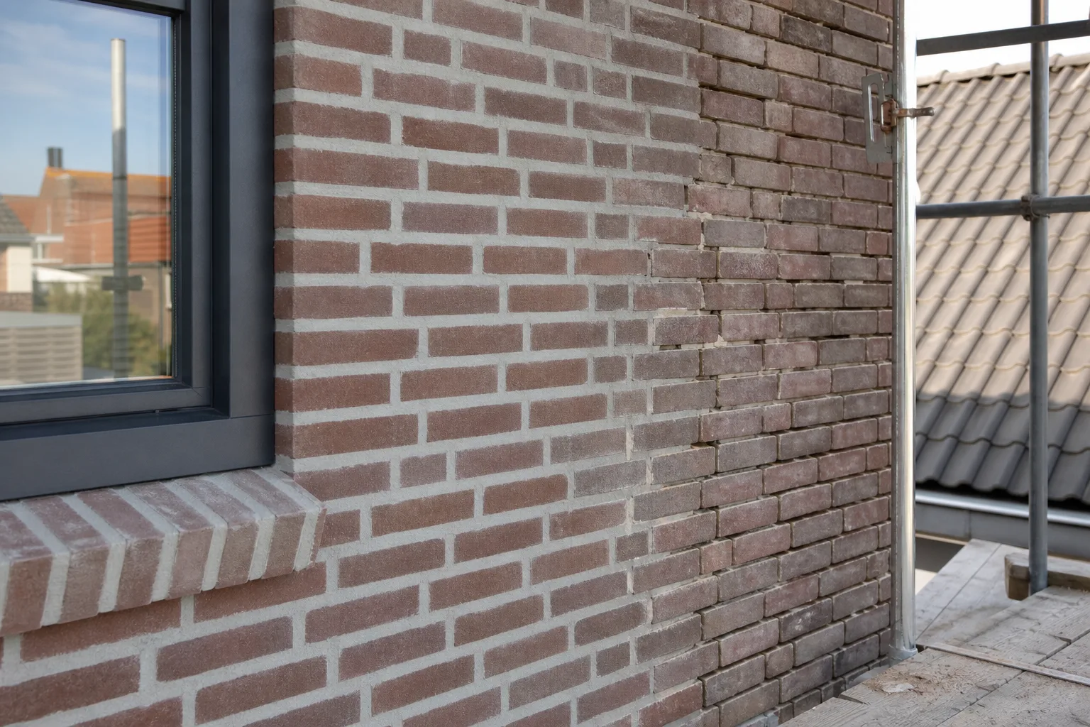 Bakstenen gevel waarvan het voegwerk wordt vernieuwd