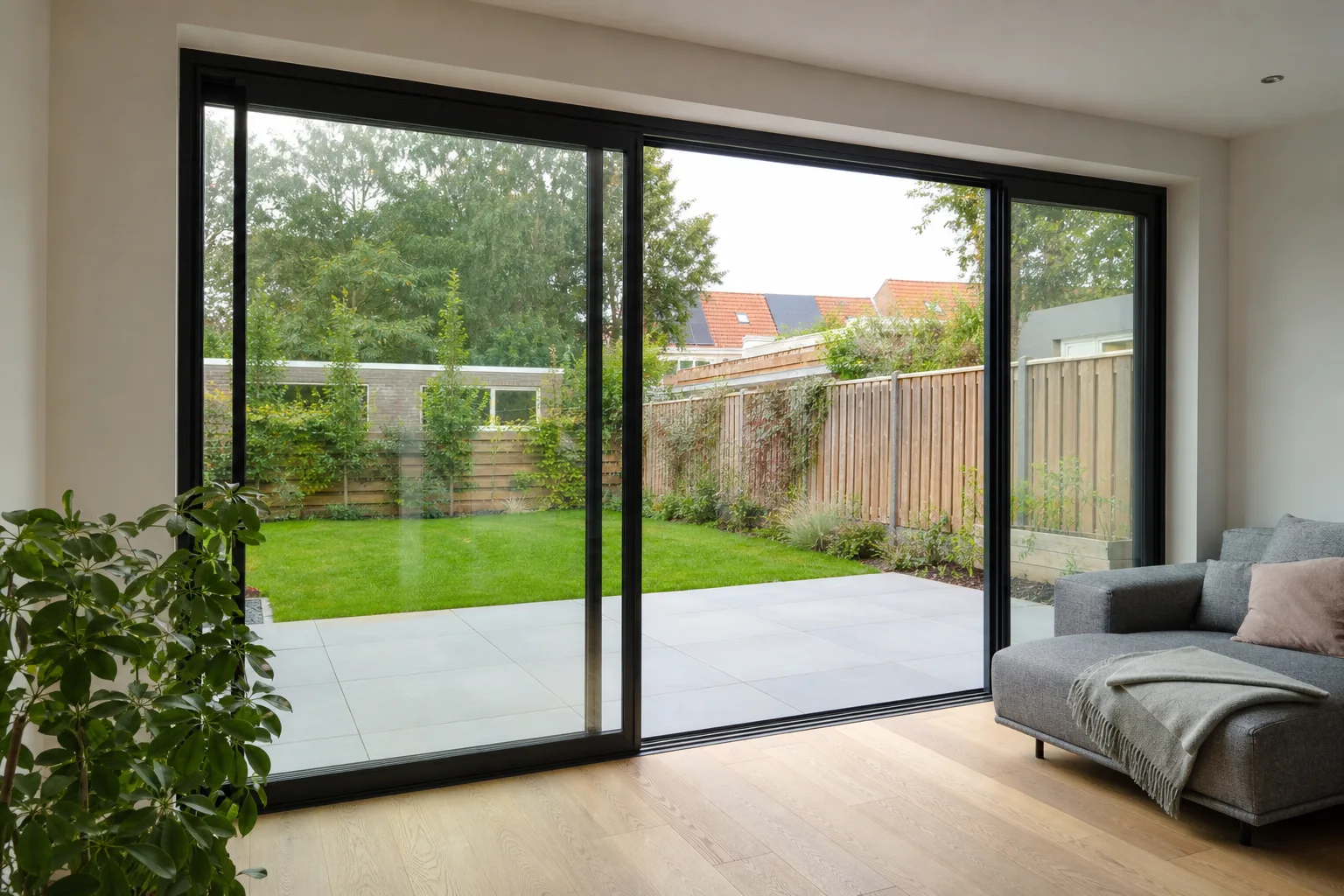 Brede schuifpui in een aanbouw met zicht op de tuin