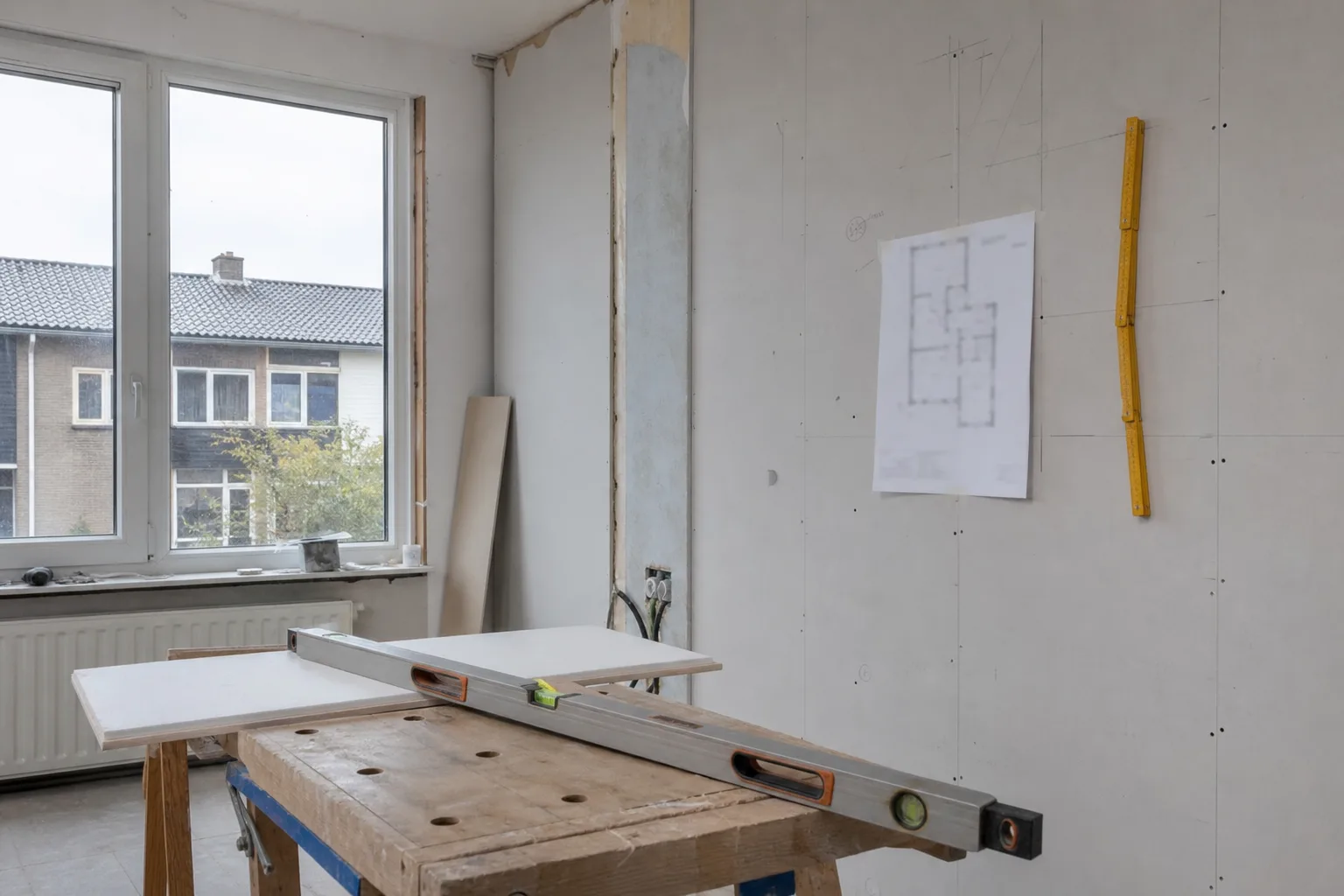 Bouwtekening en meetlint op tafel bij de voorbereiding van een aanbouw