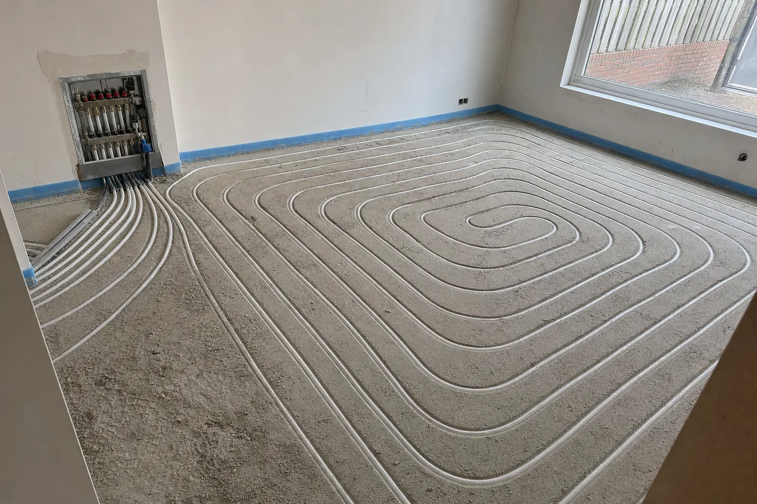 Dekvloer met gefreesde sleuven voor vloerverwarming in een woonkamer met aanbouw