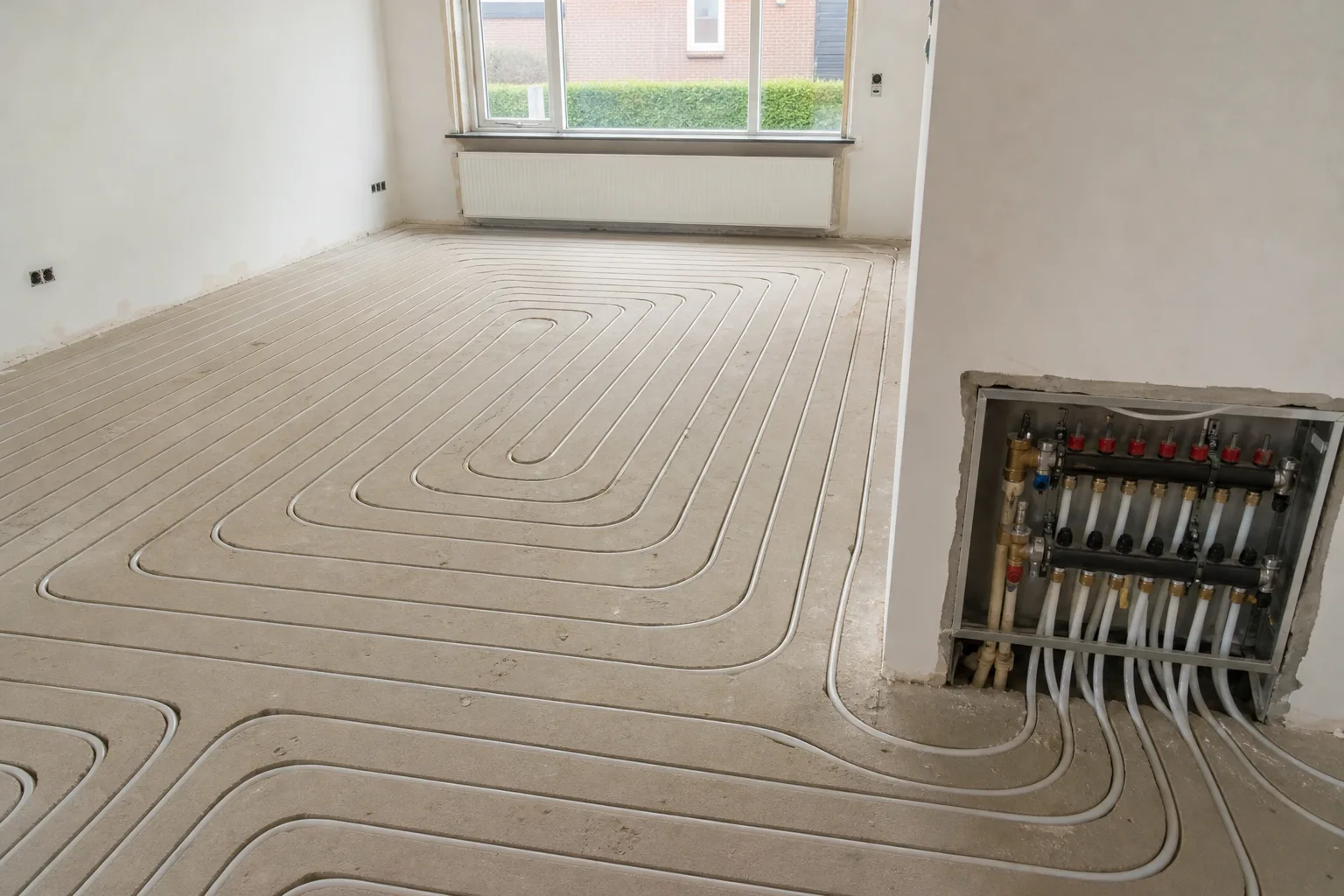 Gefreesde sleuven voor vloerverwarming in een dekvloer